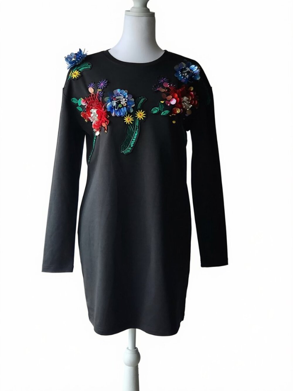 Mango Jeweled Minidress Black Tropical Floral Knit Style M1065 Size M/L